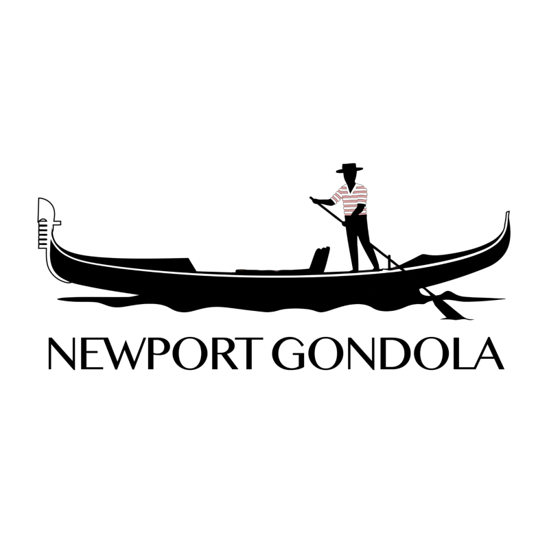 Silhouette of gondolier rowing a gondola, text 'Newport Gondola' below.